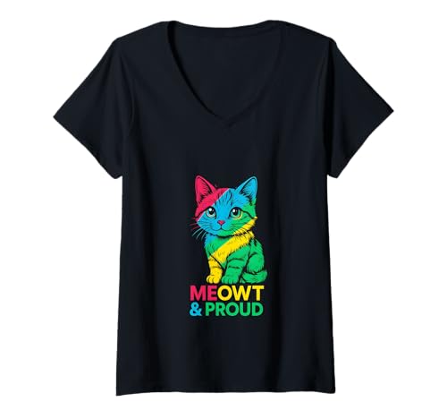 Damen Gay Pride Cute Cat Meowt & Proud Regenbogen-T-Shirt T-Shirt mit V-Ausschnitt Damen Gay Pride Cute Cat Meowt & Proud Regenbogen-T-Shirt T-Shirt mit V-Ausschnitt von Boldly Queer - Expressive Pride Apparel for All