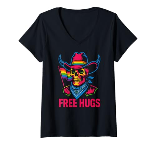 Damen Gay Pride Free Umarmt Cowboy-Totenkopf Cooler Regenbogen LGBTQ+ T-Shirt mit V-Ausschnitt Damen Gay Pride Free Umarmt Cowboy-Totenkopf Cooler Regenbogen LGBTQ+ T-Shirt mit V-Ausschnitt von Boldly Queer - Expressive Pride Apparel for All