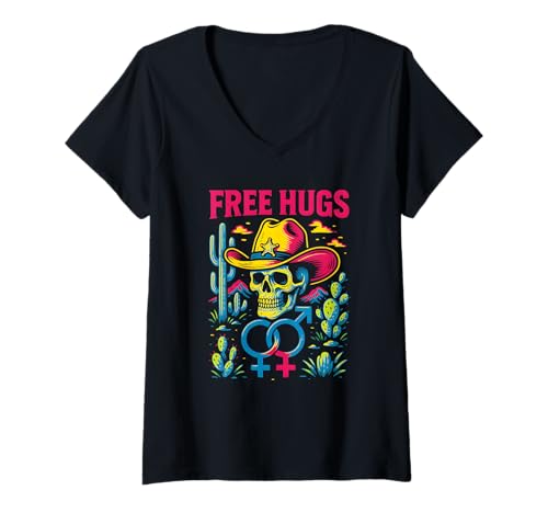 Damen Gay Pride Free Umarmt Cowboy-Totenkopf Cooler Regenbogen LGBTQ+ T-Shirt mit V-Ausschnitt Damen Gay Pride Free Umarmt Cowboy-Totenkopf Cooler Regenbogen LGBTQ+ T-Shirt mit V-Ausschnitt von Boldly Queer - Expressive Pride Apparel for All