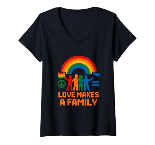 Damen Gay Pride Love macht eine Familie zum Regenbogen LGBTQ+ T-Shirt mit V-Ausschnitt von Boldly Queer - Expressive Pride Apparel for All