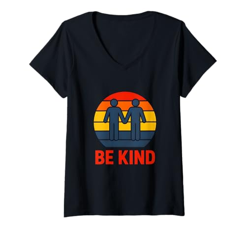 Damen Gay Pride Month Be Kind Retro Sonnenuntergang Cute Love is Love T-Shirt mit V-Ausschnitt Damen Gay Pride Month Be Kind Retro Sonnenuntergang Cute Love is Love T-Shirt mit V-Ausschnitt von Boldly Queer - Expressive Pride Apparel for All