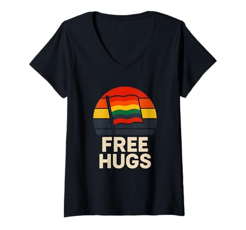 Damen Gay Pride Month Free Hugs Regenbogen-Flagge LGBTQ+ T-Shirt mit V-Ausschnitt von Boldly Queer - Expressive Pride Apparel for All