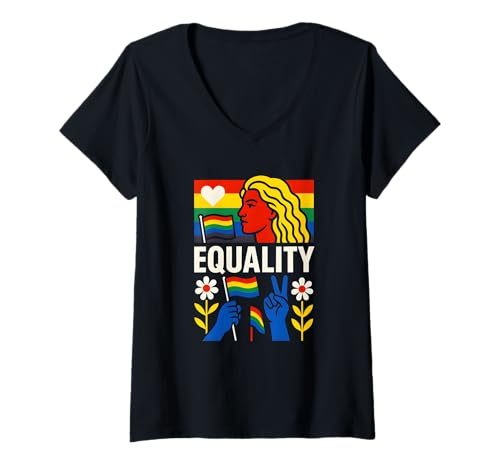 Damen Gay Pride Month Gleichheit Rainbow LGBTQ+ Pride T-Shirt mit V-Ausschnitt von Boldly Queer - Expressive Pride Apparel for All