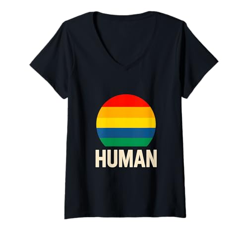 Damen Gay Pride Month HUMAN Rainbow Pride Vintage LGBTQ+ T-Shirt mit V-Ausschnitt von Boldly Queer - Expressive Pride Apparel for All
