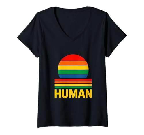 Damen Gay Pride Month HUMAN Rainbow Pride Vintage LGBTQ+ T-Shirt mit V-Ausschnitt von Boldly Queer - Expressive Pride Apparel for All