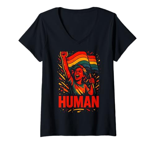 Damen Gay Pride Month Human Vintage Rainbow Pride Flagge LGBTQ+ T-Shirt mit V-Ausschnitt Damen Gay Pride Month Human Vintage Rainbow Pride Flagge LGBTQ+ T-Shirt mit V-Ausschnitt von Boldly Queer - Expressive Pride Apparel for All