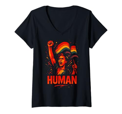 Damen Gay Pride Month Human Vintage Rainbow Pride Flagge LGBTQ+ T-Shirt mit V-Ausschnitt Damen Gay Pride Month Human Vintage Rainbow Pride Flagge LGBTQ+ T-Shirt mit V-Ausschnitt von Boldly Queer - Expressive Pride Apparel for All