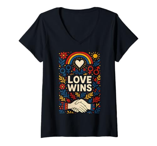 Damen Gay Pride Month Love gewinnt Vintage Rainbow LGBTQ+ T-Shirt mit V-Ausschnitt Damen Gay Pride Month Love gewinnt Vintage Rainbow LGBTQ+ T-Shirt mit V-Ausschnitt von Boldly Queer - Expressive Pride Apparel for All