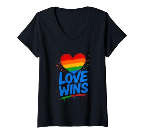 Damen Gay Pride Month Love gewinnt Vintage-Regenbogenherz LGBTQ+ T-Shirt mit V-Ausschnitt von Boldly Queer - Expressive Pride Apparel for All