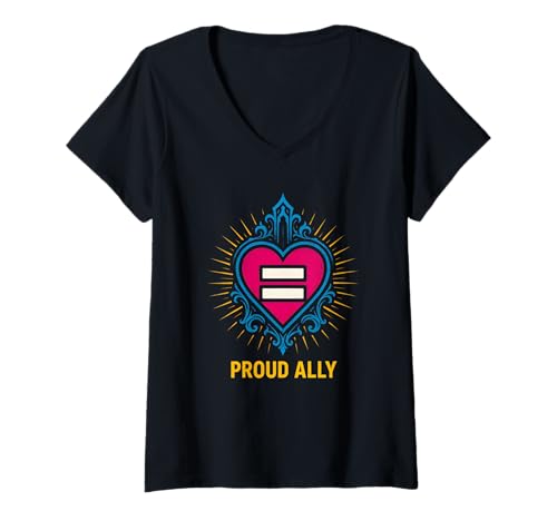 Damen Gay Pride Month Proud Ally Vintage-Regenbogenherz, LGBTQ+ T-Shirt mit V-Ausschnitt Damen Gay Pride Month Proud Ally Vintage-Regenbogenherz, LGBTQ+ T-Shirt mit V-Ausschnitt von Boldly Queer - Expressive Pride Apparel for All