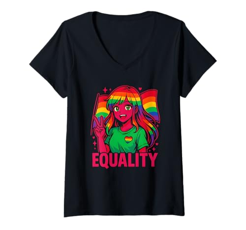 Damen Gay Pride Parade Monat Gleichheit Kawaii Anime Rainbow LGBTQ+ T-Shirt mit V-Ausschnitt Damen Gay Pride Parade Monat Gleichheit Kawaii Anime Rainbow LGBTQ+ T-Shirt mit V-Ausschnitt von Boldly Queer - Expressive Pride Apparel for All