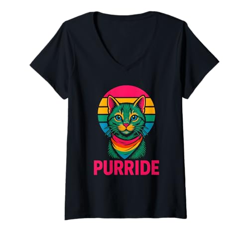 Damen Gay Pride Süße Katze Purride Rainbow Pride T-Shirt mit V-Ausschnitt Damen Gay Pride Süße Katze Purride Rainbow Pride T-Shirt mit V-Ausschnitt von Boldly Queer - Expressive Pride Apparel for All