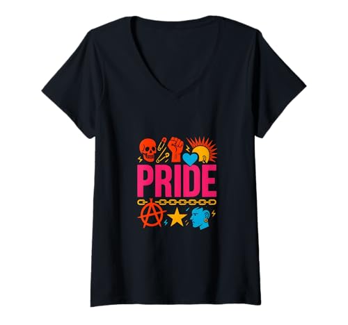 Damen Gay Punk Pride LGBTQ-Shirt in Regenbogenfarben T-Shirt mit V-Ausschnitt Damen Gay Punk Pride LGBTQ-Shirt in Regenbogenfarben T-Shirt mit V-Ausschnitt von Boldly Queer - Expressive Pride Apparel for All