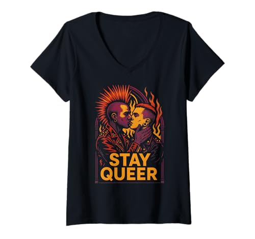 Damen Gay Punk Stay Queer Colorful Pride T-Shirt mit V-Ausschnitt Damen Gay Punk Stay Queer Colorful Pride T-Shirt mit V-Ausschnitt von Boldly Queer - Expressive Pride Apparel for All