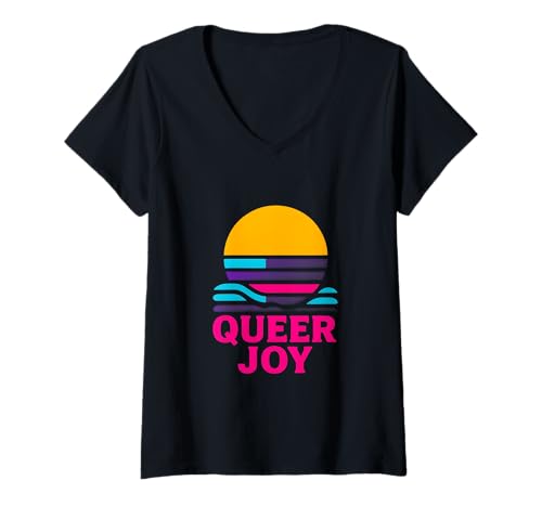 Damen Genderqueer Pride Queer Joy Retro Nichtbinäres LGBTQ+ T-Shirt mit V-Ausschnitt von Boldly Queer - Expressive Pride Apparel for All