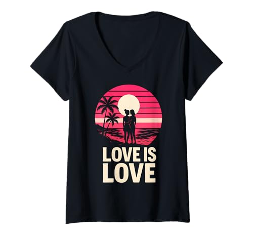 Damen Lesbian Pride Love is Love Cute Damen Retro Sonnenuntergang LGBTQ+ T-Shirt mit V-Ausschnitt Damen Lesbian Pride Love is Love Cute Damen Retro Sonnenuntergang LGBTQ+ T-Shirt mit V-Ausschnitt von Boldly Queer - Expressive Pride Apparel for All