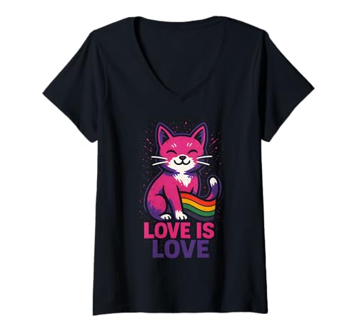 Damen Niedliche Katze oder Kätzchen Love is Love Rainbow LGBTQ T-Shirt mit V-Ausschnitt Damen Niedliche Katze oder Kätzchen Love is Love Rainbow LGBTQ T-Shirt mit V-Ausschnitt von Boldly Queer - Expressive Pride Apparel for All