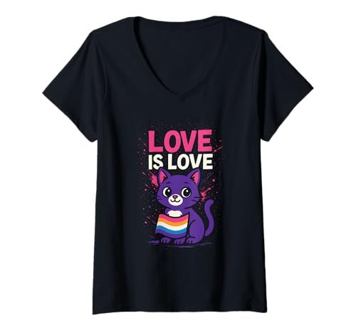 Damen Niedliche Katze oder Kätzchen Love is Love Rainbow LGBTQ T-Shirt mit V-Ausschnitt Damen Niedliche Katze oder Kätzchen Love is Love Rainbow LGBTQ T-Shirt mit V-Ausschnitt von Boldly Queer - Expressive Pride Apparel for All