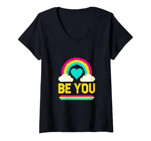Damen Queer Pride Be You Bold Rainbow 8-Bit Videospiel LGBTQ+ T-Shirt mit V-Ausschnitt von Boldly Queer - Expressive Pride Apparel for All