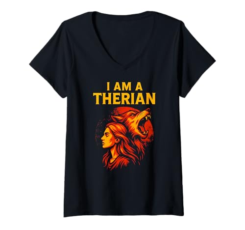 Damen Therian Pride Ich bin ein pelziger Wolf T-Shirt mit V-Ausschnitt Damen Therian Pride Ich bin ein pelziger Wolf T-Shirt mit V-Ausschnitt von Boldly Queer - Expressive Pride Apparel for All