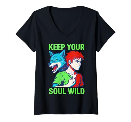 Damen Therian Pride Keep Your Soul Wild Vintage Damen Wolf T-Shirt mit V-Ausschnitt Damen Therian Pride Keep Your Soul Wild Vintage Damen Wolf T-Shirt mit V-Ausschnitt von Boldly Queer - Expressive Pride Apparel for All