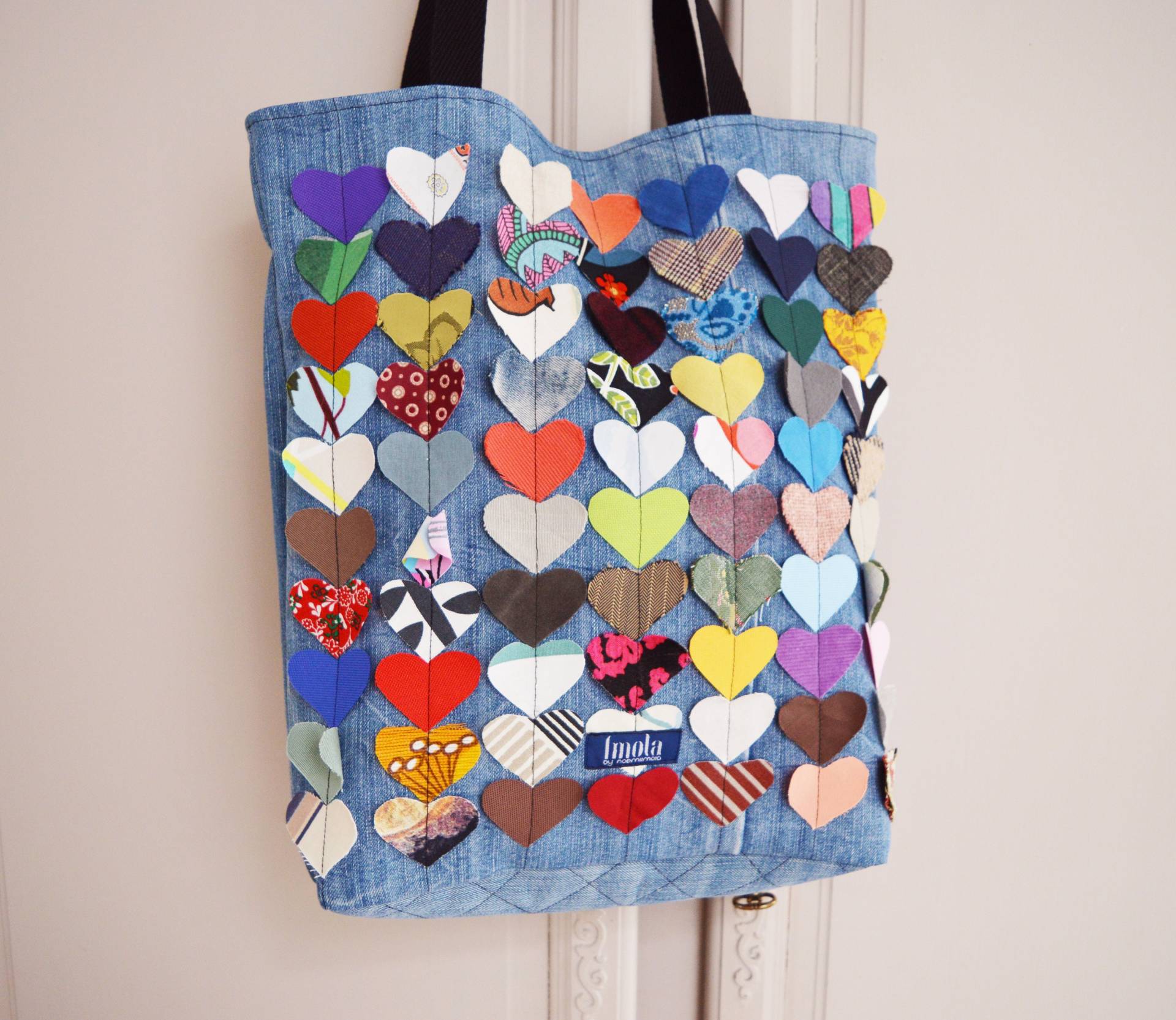 Bunte Bunte Canvas Tasche Shopper Strandtasche Blau Recycelt Denim Regenbogen Herzen Vegan Einkaufstasche Glücklich Hippie Spaß Bunte Bunte Canvas Tasche Shopper Strandtasche Blau Recycelt Denim Regenbogen Herzen Vegan Einkaufstasche Glücklich Hippie Spaß von Boldpeach