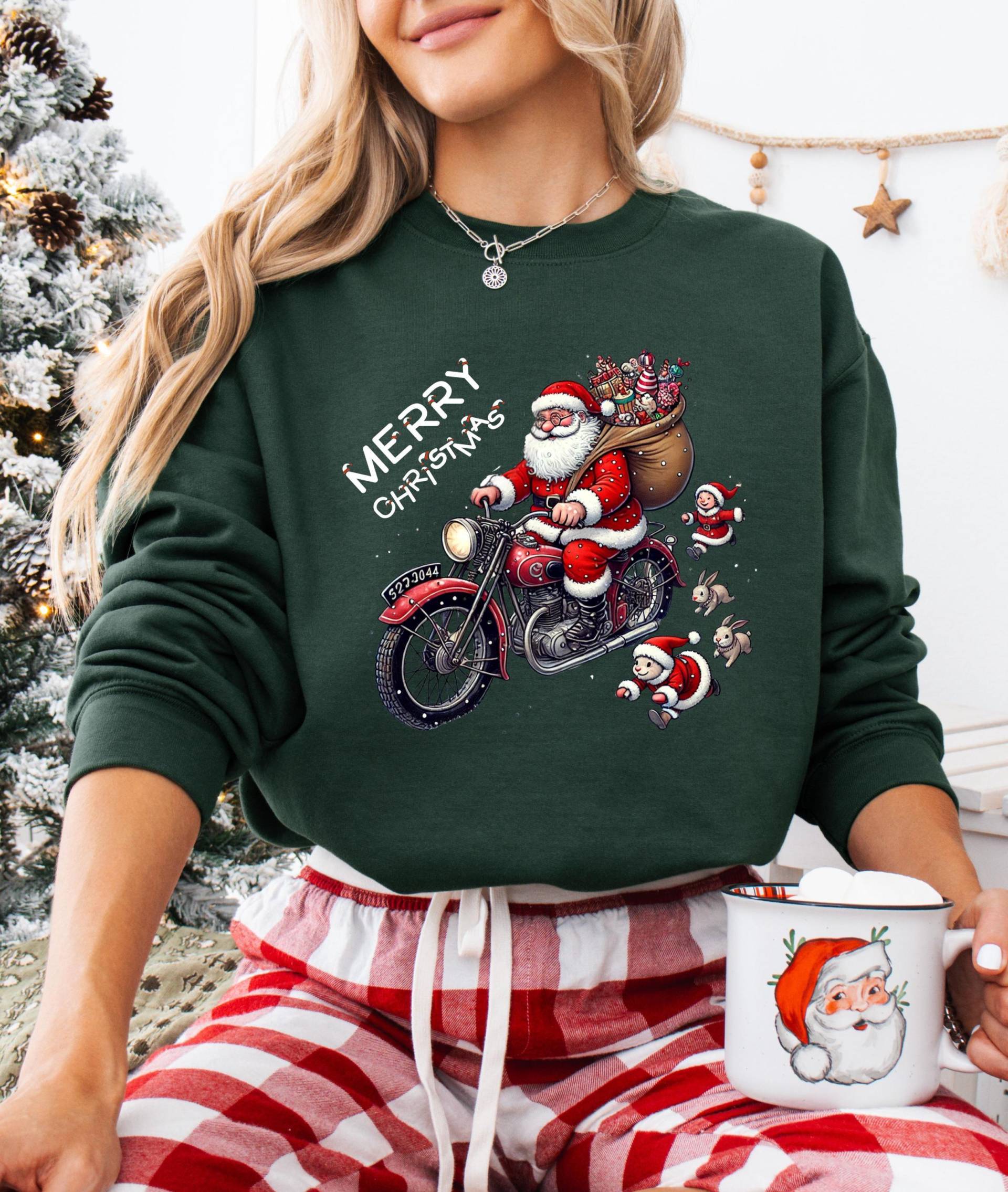 Weihnachts Sweatshirt, Biker Santa, Waldgrün Gildan 18000 von BoldtandCozy