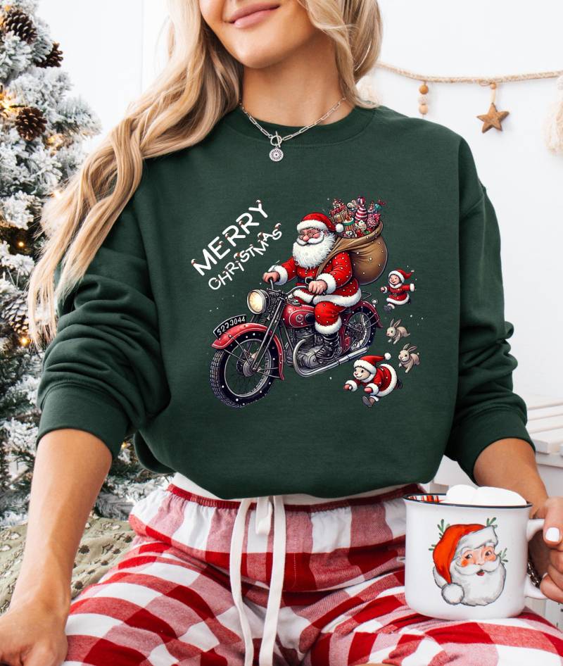 Weihnachts Sweatshirt, Biker Santa, Waldgrün Gildan 18000 von BoldtandCozy