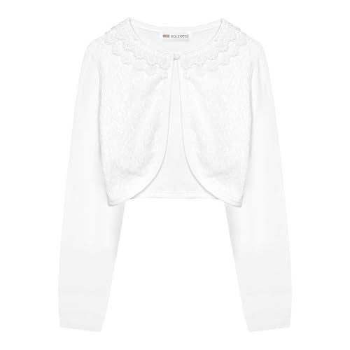 Bolerose Mädchen Lange Ärmel Blumen Spitze Bolero Strickjacke Kinder Zucken (Weiß, 5-6 Jahre) von Bolerose