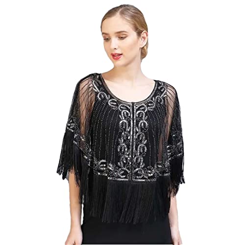 Bollrllr 1920er-Jahre-Schal, Wickeltuch, Perlen-Pailletten, Fransen, Abendumhang, durchsichtiges Netzgewebe, Brautschmuck, Hochzeit, Party, Schal, schwarz/silberfarben, XL von Bollrllr