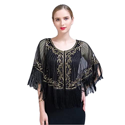 Bollrllr 1920er-Jahre-Schal, Wickeltuch, Perlen-Pailletten, Fransen, Abendumhang, durchsichtiges Netzgewebe, Brautschmuck, Hochzeit, Party, Schal, schwarz / goldfarben, S von Bollrllr