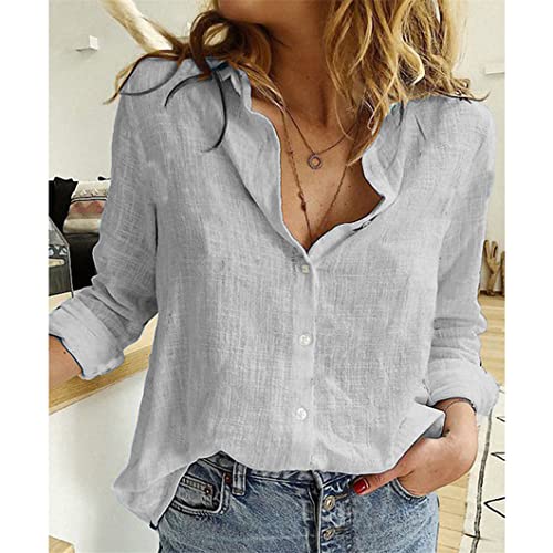 Bollrllr Damen Baumwolle Leinen Hemd Knopf Revers Cardigan Top Damen Lose Hemden Langarm Frühling Blusen von Bollrllr