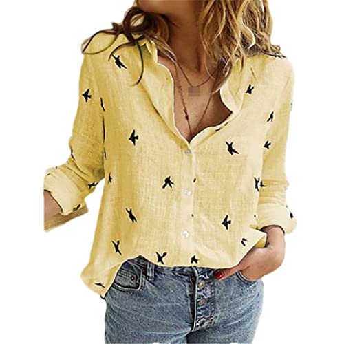 Bollrllr Damen Baumwolle Leinen Hemd Knopf Revers Cardigan Top Damen Lose Hemden Langarm Frühling Blusen von Bollrllr