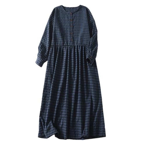 Bollrllr Damen Baumwolle Leinen Plaid Kleid Langarm Rundhals Kleid Lose Elegant Freizeitkleid, marineblau, M von Bollrllr