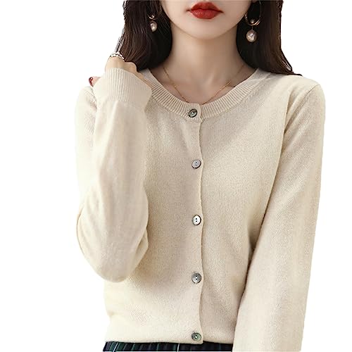 Bollrllr Damen Kaschmir Strickjacke Rundhals Pullover Frühling Herbst Winter Langarm Gestrickt Einfarbig Weiche Strickjacke Pullover, beige, S von Bollrllr