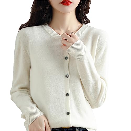 Bollrllr Damen Kaschmir Strickjacke Rundhals Pullover Frühling Herbst Winter Langarm Gestrickt Einfarbig Weiche Strickjacke Pullover, weiß, L von Bollrllr