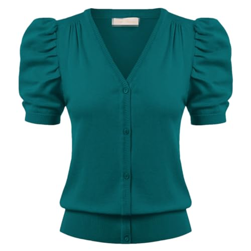 Bollrllr Damen Strickjacke Im Retro Stil Mit Kurzen Puffärmeln Und Knöpfen Army GN XL von Bollrllr