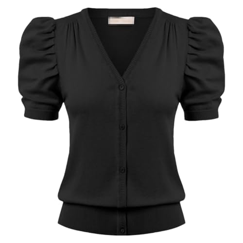 Bollrllr Damen Strickjacke Im Retro Stil Mit Kurzen Puffärmeln Und Knöpfen Black S von Bollrllr