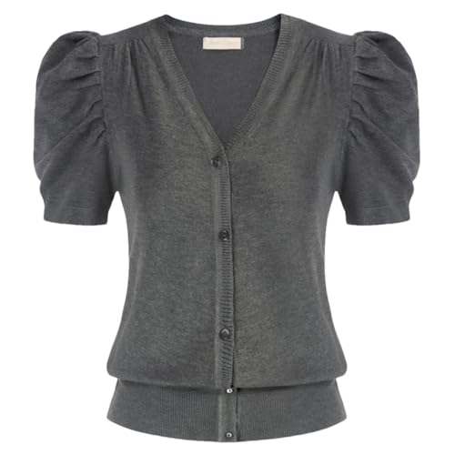 Bollrllr Damen Strickjacke Im Retro Stil Mit Kurzen Puffärmeln Und Knöpfen Dark gray9 M von Bollrllr