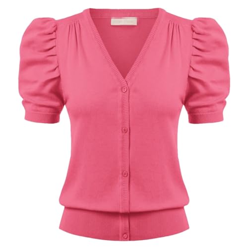 Bollrllr Damen Strickjacke Im Retro Stil Mit Kurzen Puffärmeln Und Knöpfen Watermelon Red L von Bollrllr