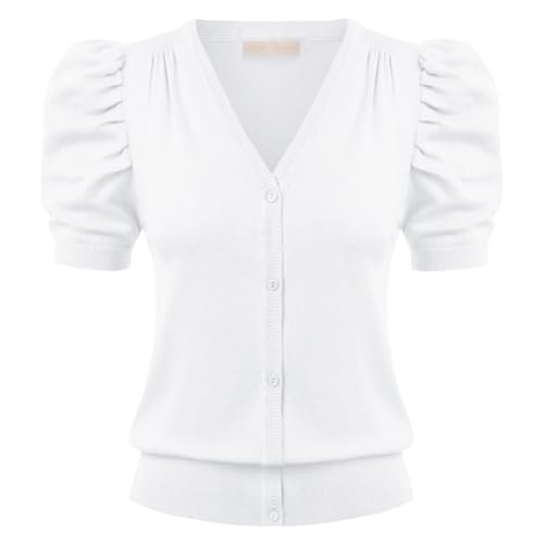 Bollrllr Damen Strickjacke Im Retro Stil Mit Kurzen Puffärmeln Und Knöpfen White XL von Bollrllr