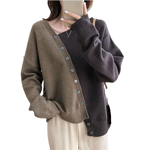 Bollrllr Damen-Strickpullover Mit Unregelmäßigen Schrägen Knöpfen In Kontrastfarbe, Langärmeliger Pullover khaki9 One Size von Bollrllr