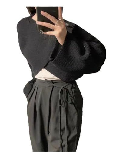 Bollrllr Frauen Kurze Pullover Pullover 2023 Herbst Gestrickte Lange Ärmel Unregelmäßigen Pullover Black One Size von Bollrllr