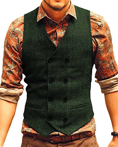 Bollrllr Herren Blazer Weste V-Ausschnitt Wolle Fischgrätenmuster Casual Formal Business Zweireihige Weste, Gn, XXXXXXX-Large von Bollrllr