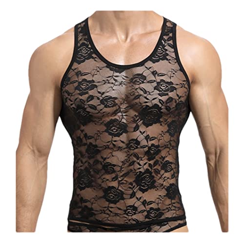 Bollrllr Herren Floral Lace Mesh Tanks Top Sexy See Through Transparent T-Shirt Herren Elastisches Unterhemd von Bollrllr