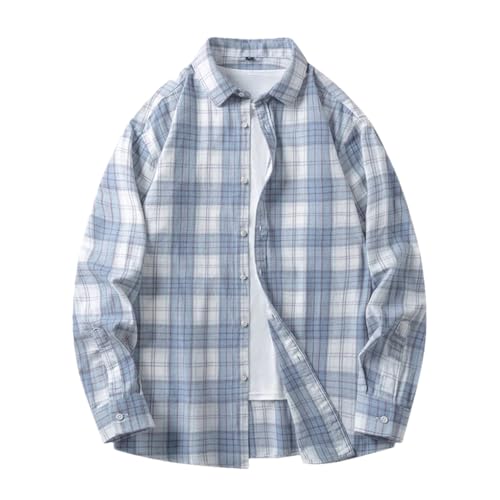 Bollrllr Herren Kariertes Baumwollhemd Langarm Baumwolle Oversize T-Shirt Casual Business Kleid Hemd, 2321 Blau, L von Bollrllr