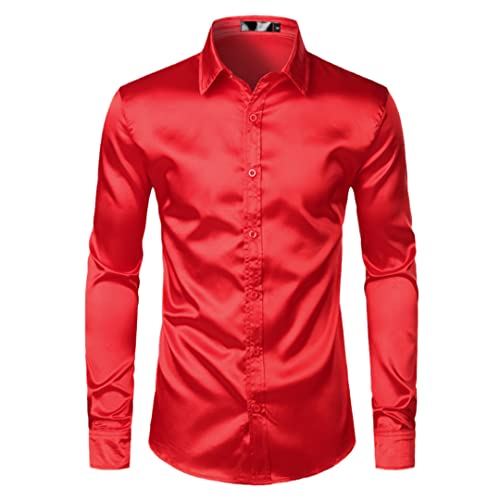 Bollrllr Herren Satin Kleid Hemden Seide Slim Fit Langarm Shirts Hochzeit Party Abschlussball Freizeithemden, rot, L von Bollrllr