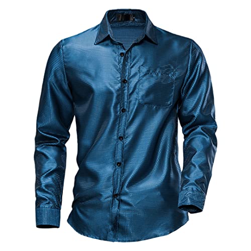 Bollrllr Herren Seidenhemd Glänzend Polka Dot Seide Retro Slim Shirt Party Bühne Shirt, blau, L von Bollrllr