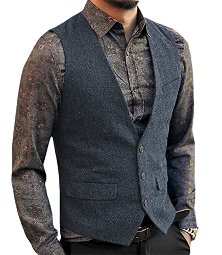 Bollrllr Herren Weste Wolle Tweed Slim Fit Casual Baumwolle Business Weste, Light Navy, XL von Bollrllr