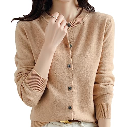 Bollrllr Damen Kaschmir Strickjacke Rundhals Pullover Frühling Herbst Winter Langarm Gestrickt Einfarbig Weiche Strickjacke Pullover, Gelb Khaki 9, L von Bollrllr